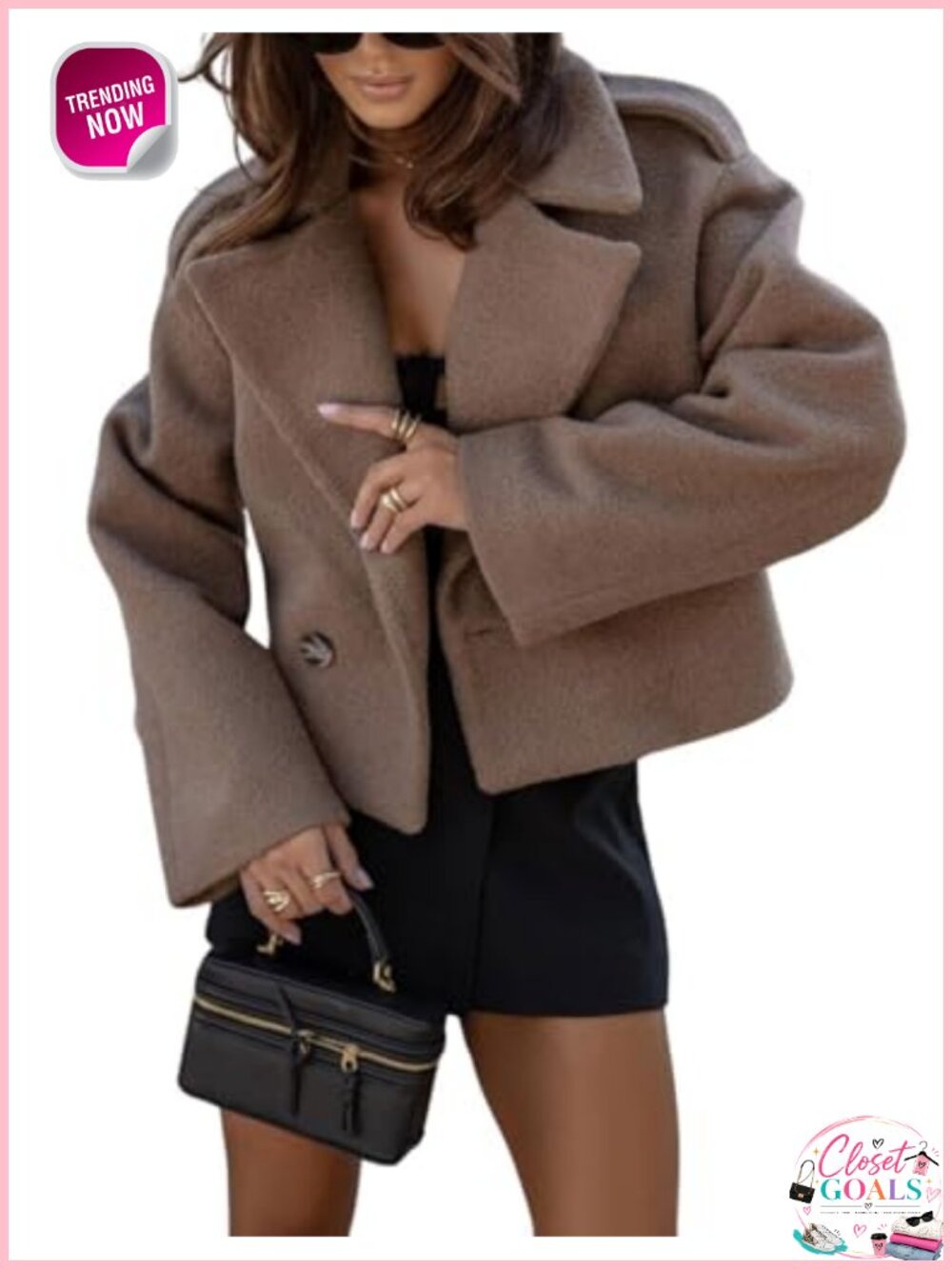Women Crop Pea Coat Wool Blend Double Breasted Office Work Blazer Jacket
